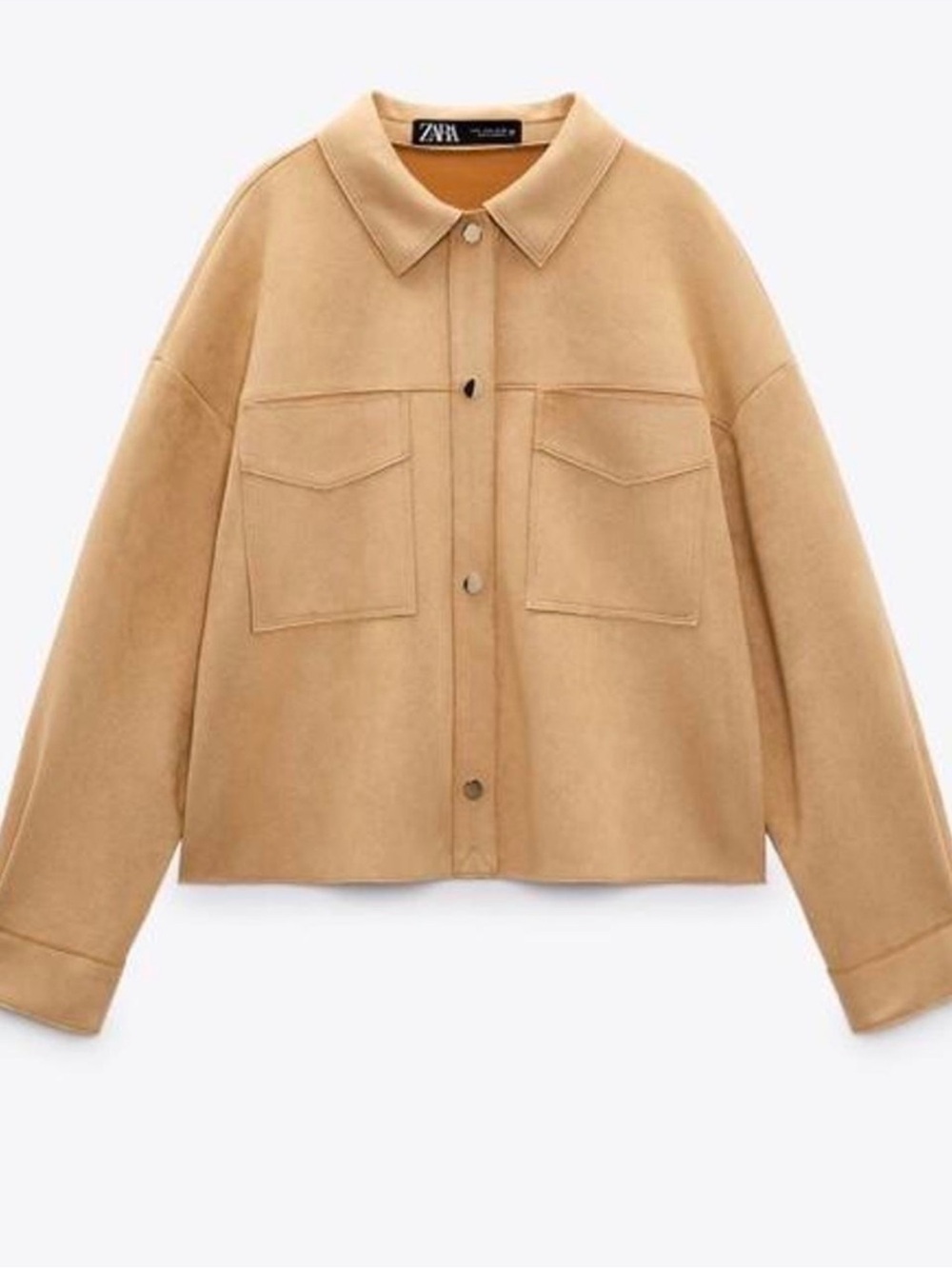Zara Cropped Faux Suede Overshirt in Camel